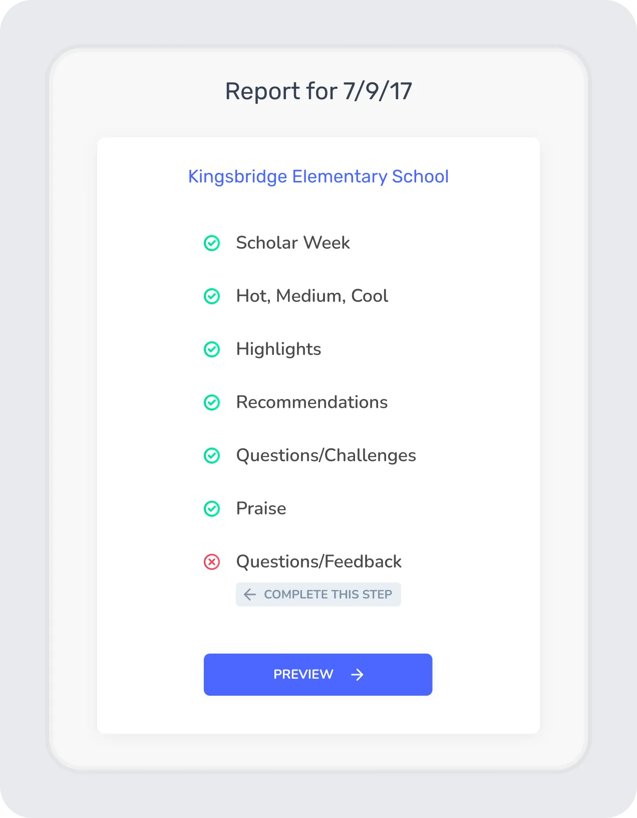 Possip weekly report: seven named sections with completion status, one marked incomplete.