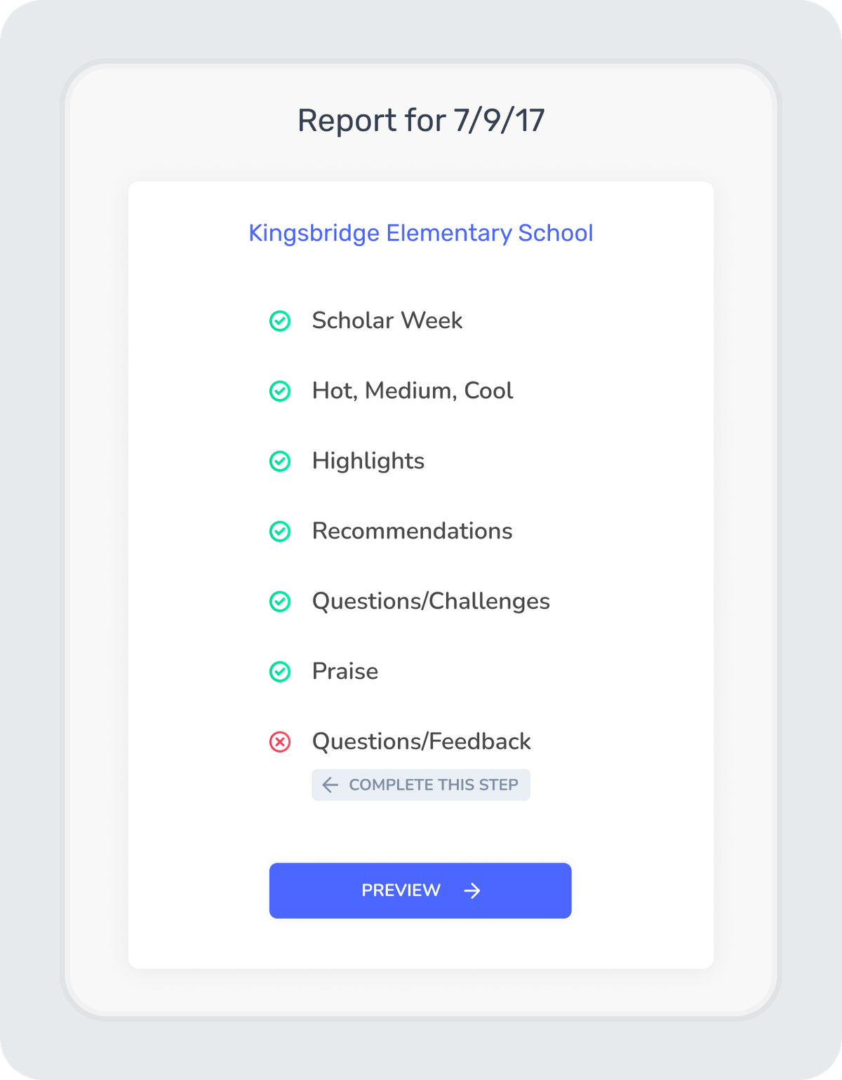 Possip weekly report: seven named sections with completion status, one marked incomplete.