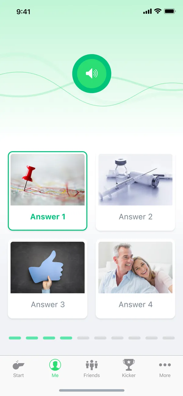 LearnMatch question screen: an audio prompt with four picture answers and a ten-step progress bar.