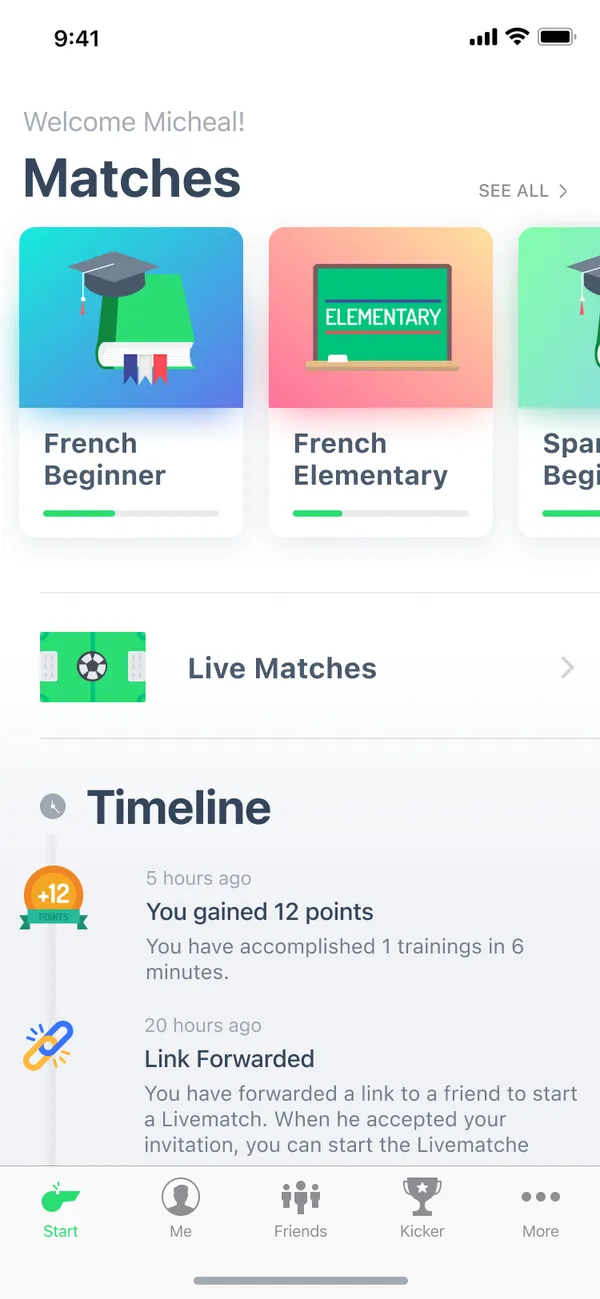 LearnMatch home: course cards, live matches and a timeline showing points just earned.