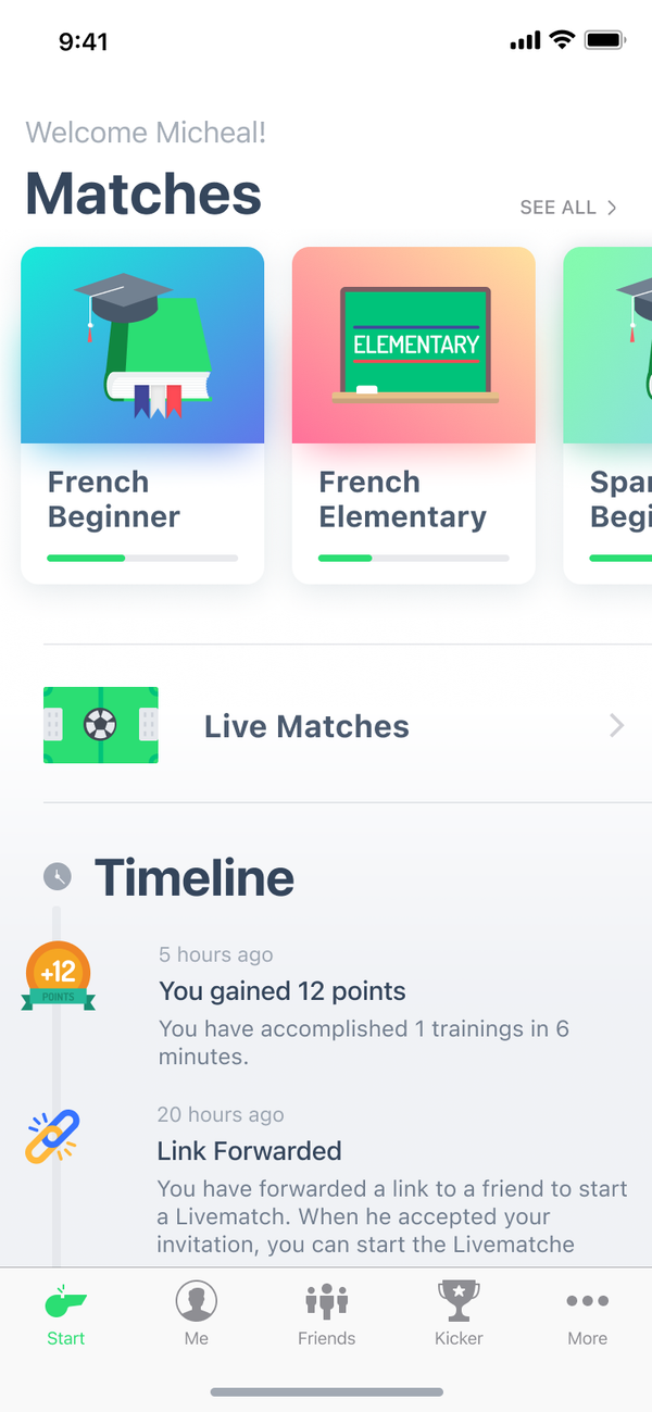LearnMatch home: course cards, live matches and a timeline showing points just earned.