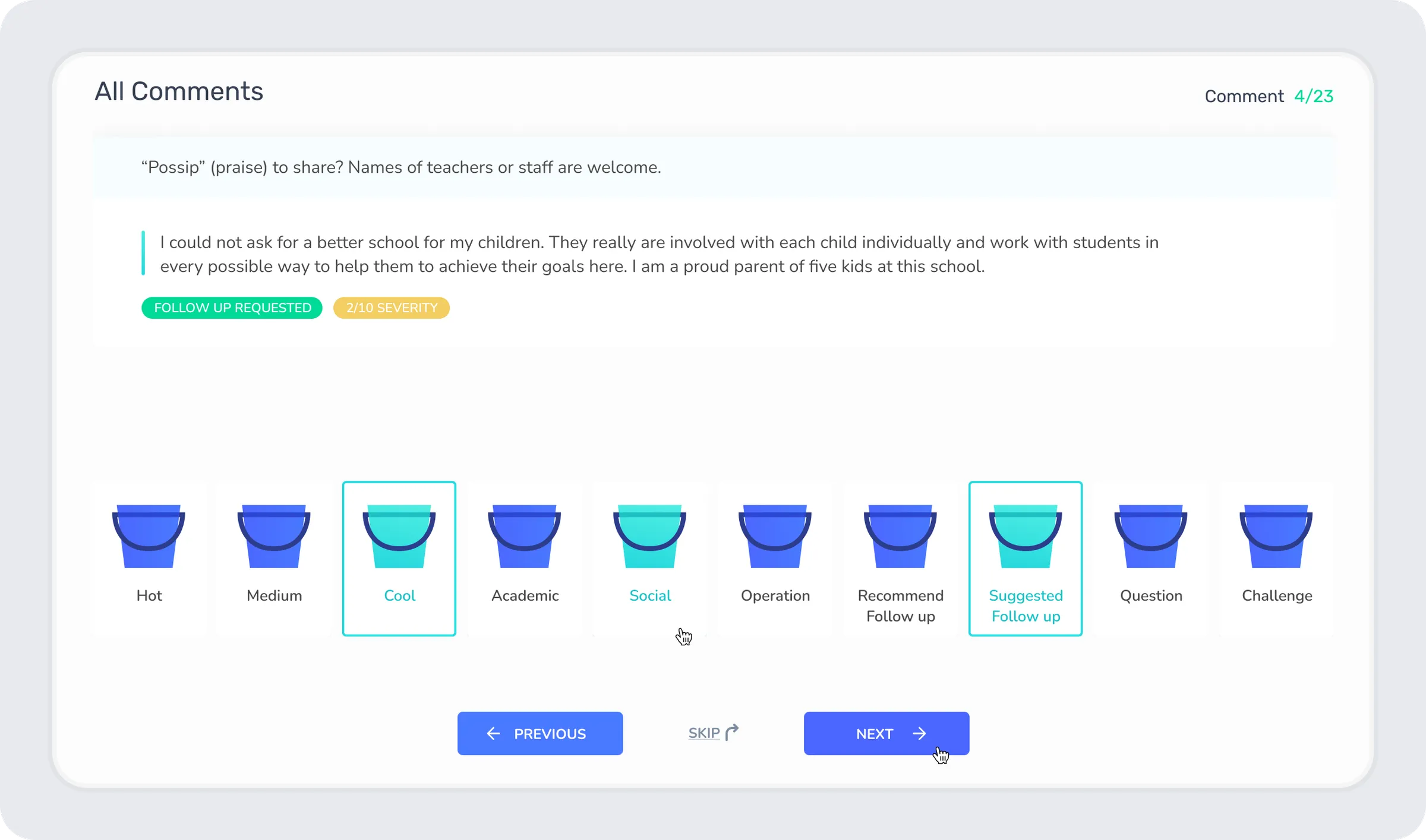 Possip comment queue: one parent comment with its position in the queue and four sorting axes.