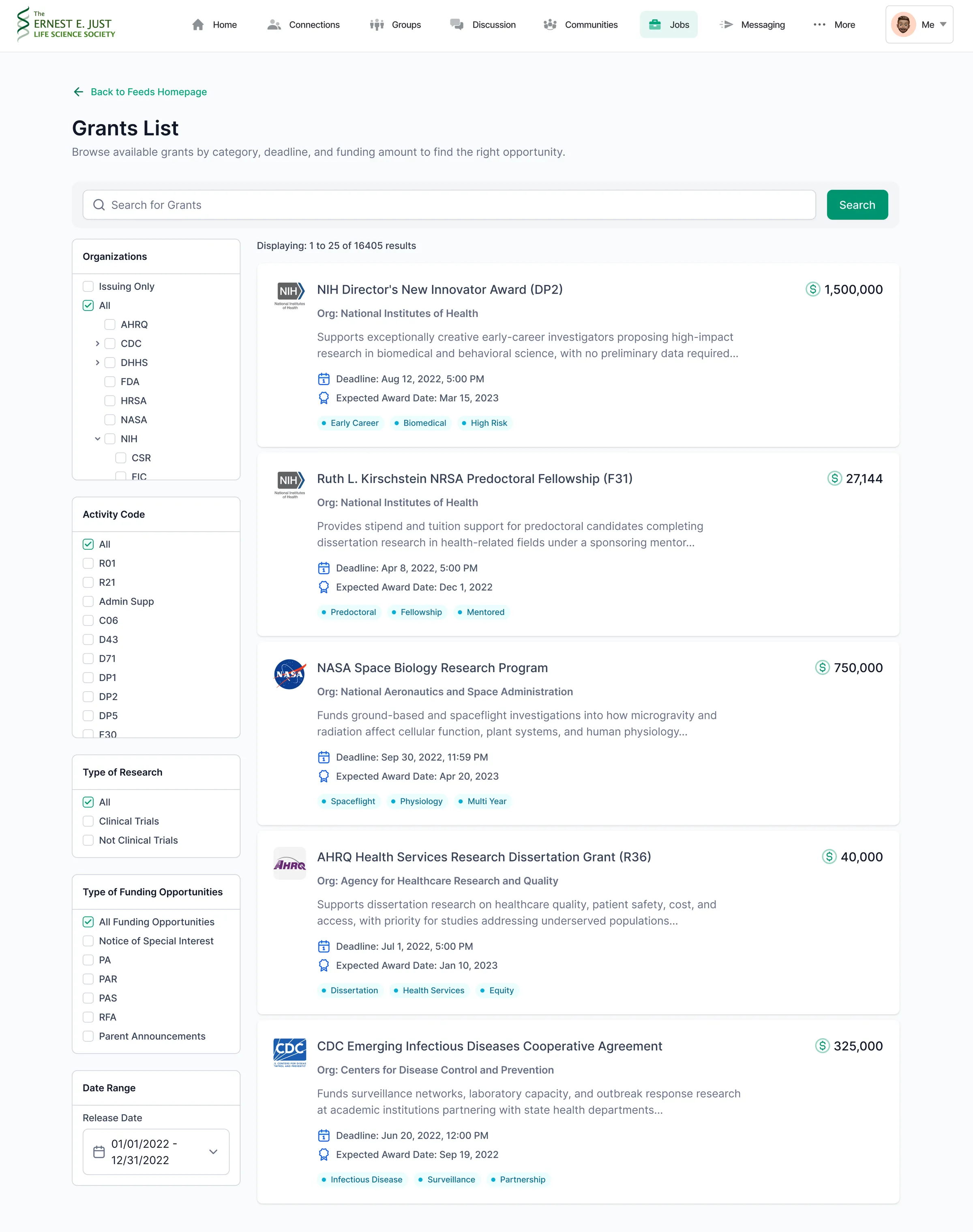 Ernest E. Just grants list: filters for agency, activity code, type of research and funding type beside grant cards with amounts, deadlines and award dates.