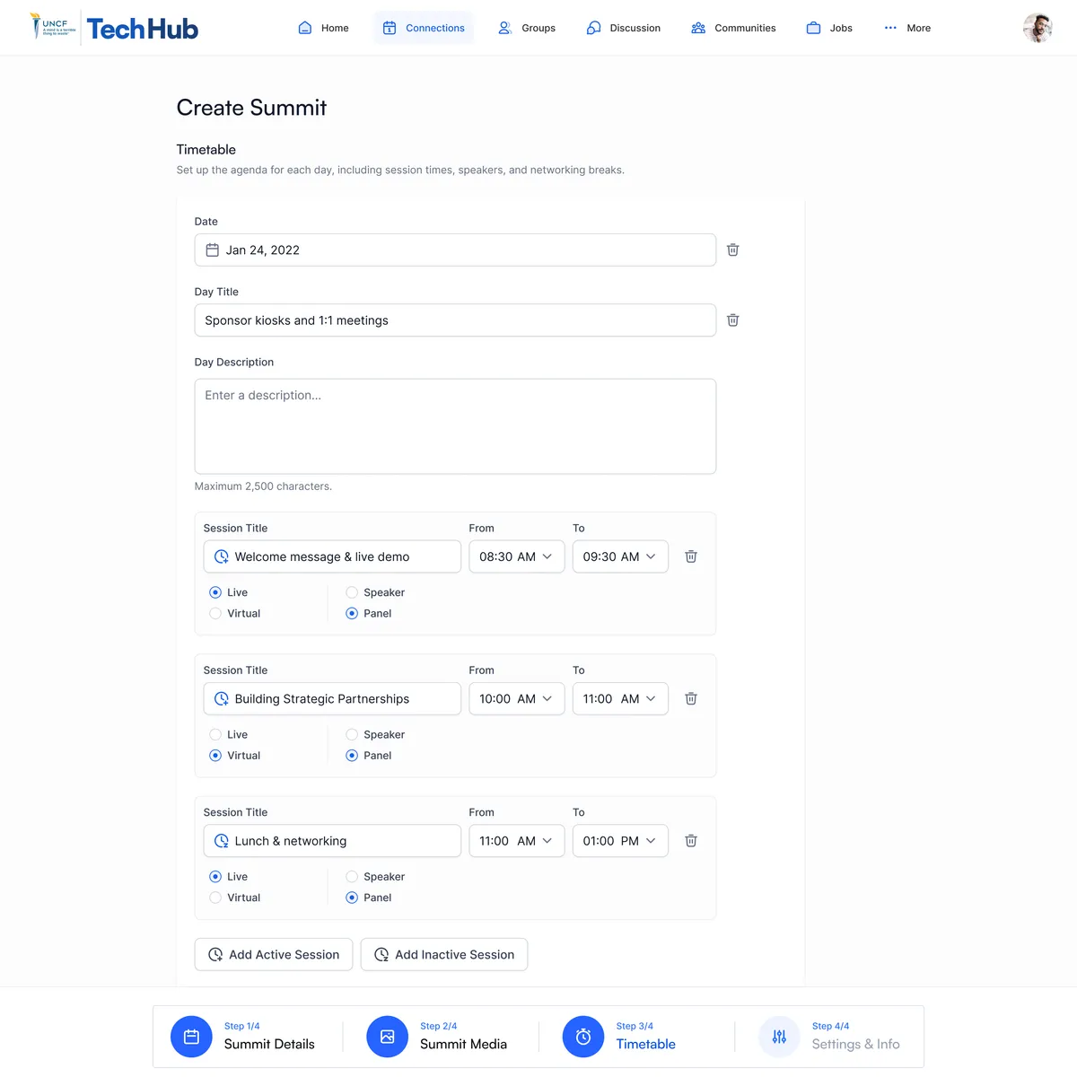 TechHub summit builder: one day of the timetable with session times, format and speaker type.