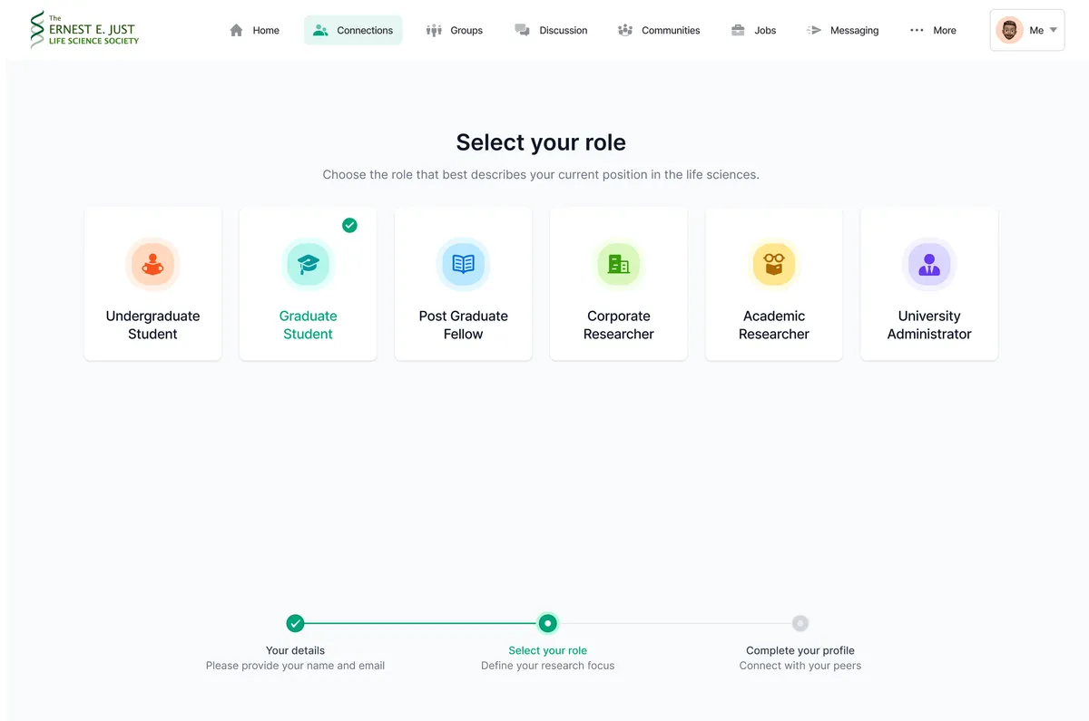 Ernest E. Just onboarding: choosing one of six member roles.