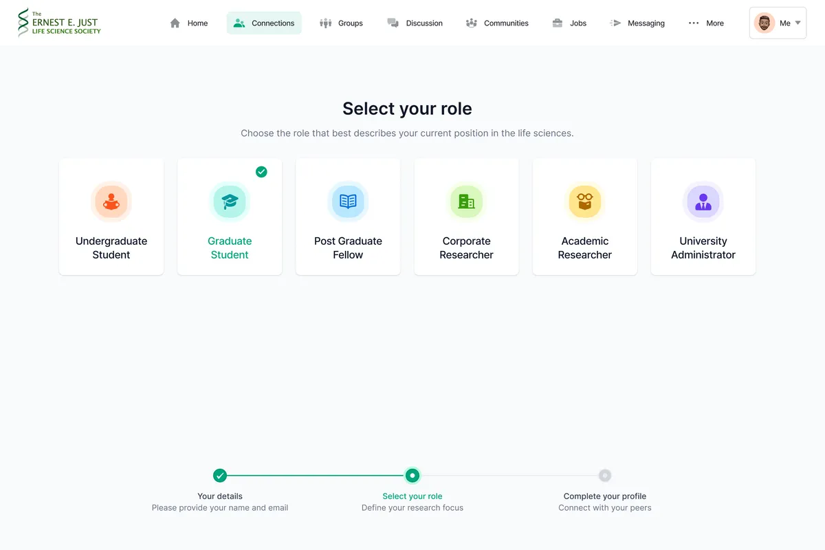 Ernest E. Just onboarding: choosing one of six roles.