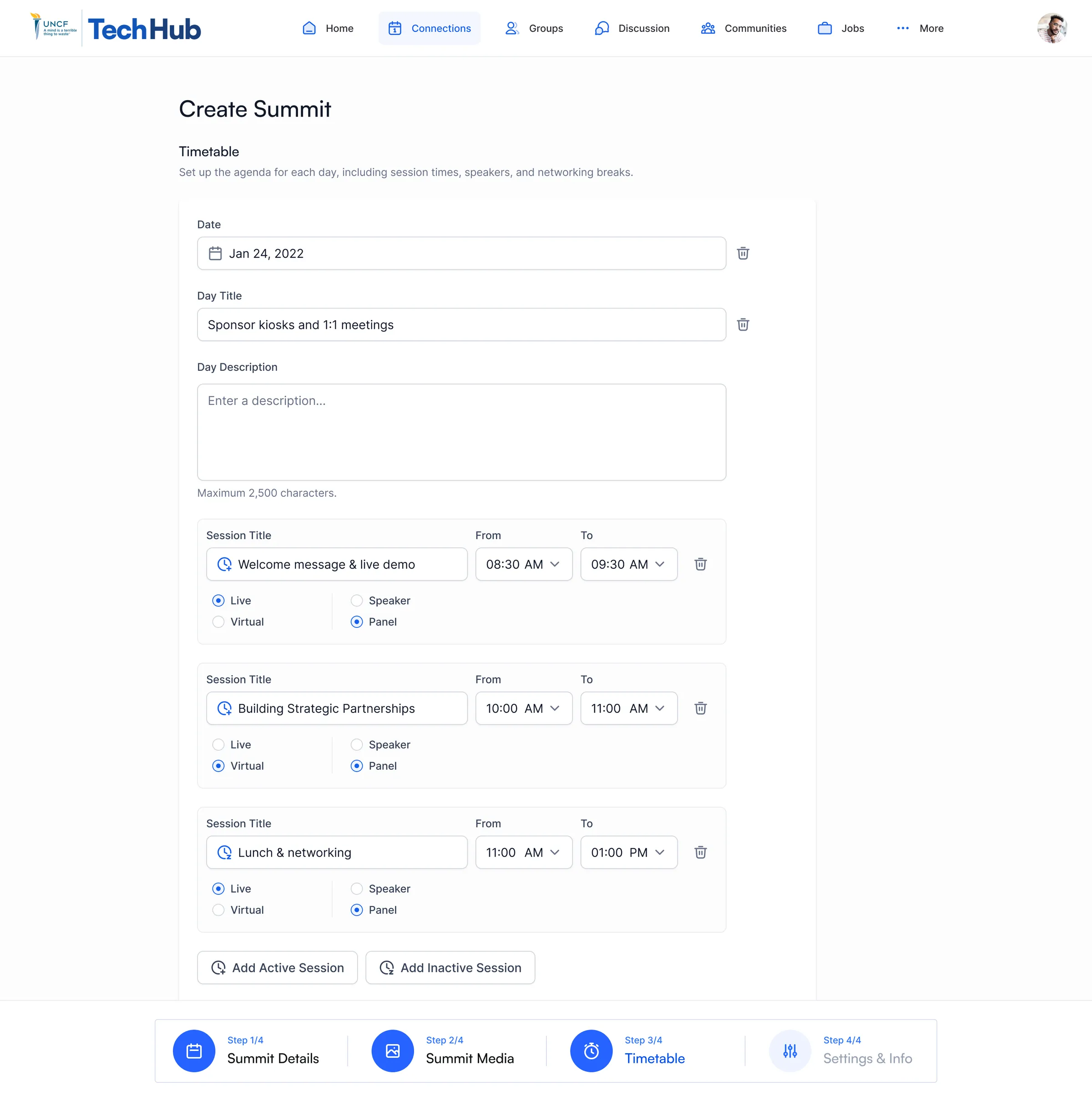 TechHub summit builder: one day of the timetable with session times, live or virtual format and speaker type.